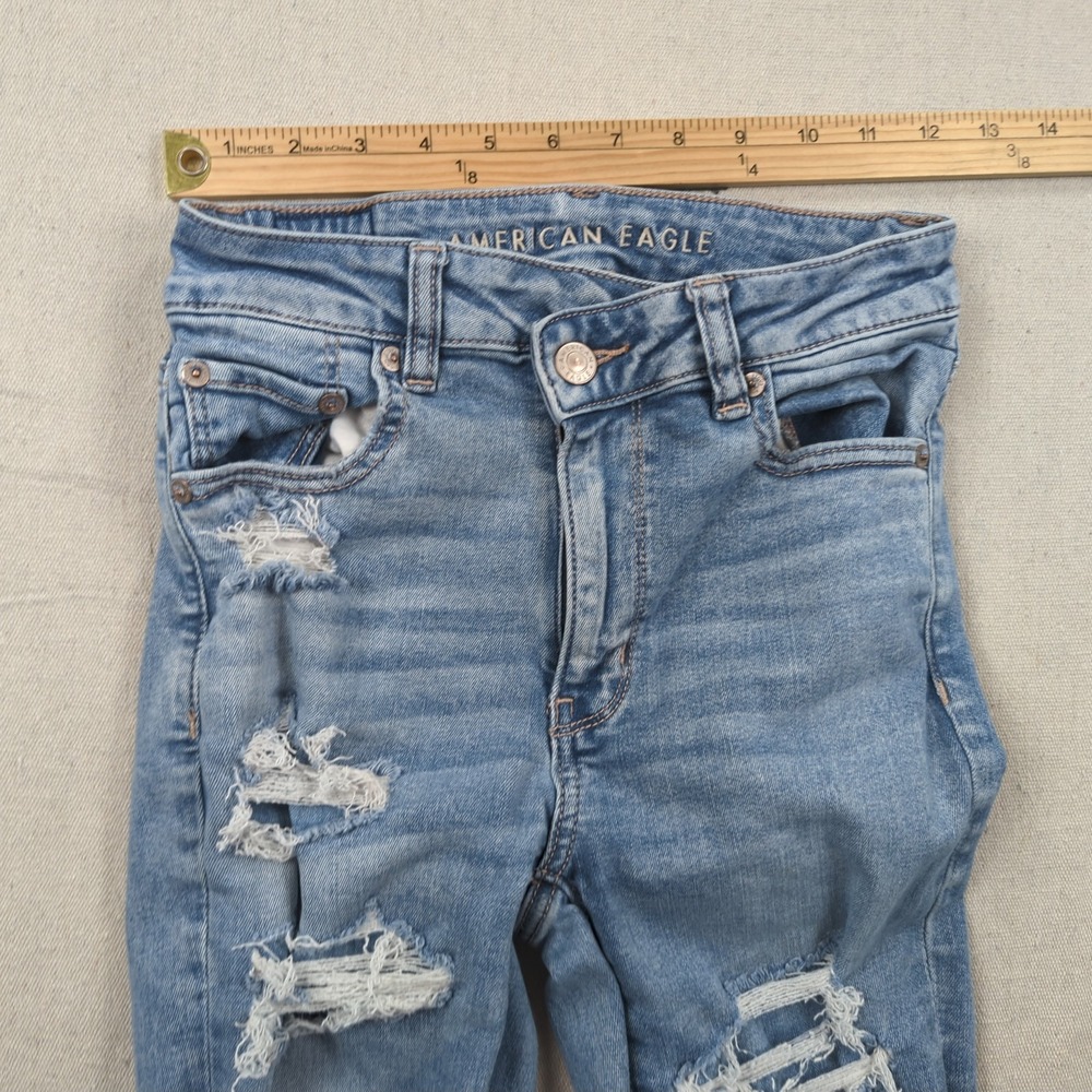 American Eagle Jeans Women 2 Blue Long Super High Rise Flare Stretch Boho Hippie - Picture 7 of 16